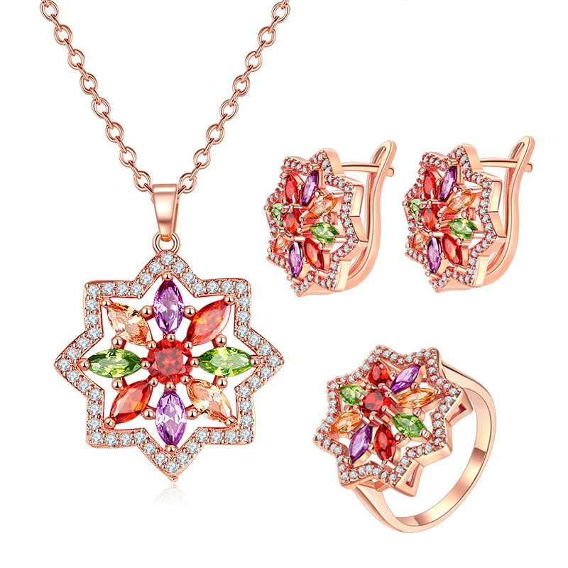 Ociki Rose Gold Color Colourful CZ Crystal Necklace Earrings and Ring Jewelry Set for Women Drop Bohemia Star Jewelry Gift Star