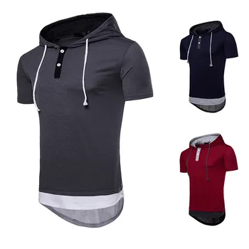 

Tops Men's Summer Casual Patchwork Hoodie Hooded Short Sleeved Top Blouse