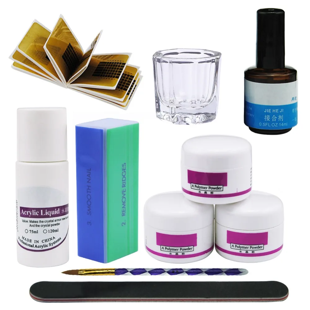 75ml Acrylic Liquid And 3pcs Crystal Powder UV Gel For French Nail Extension Tips False Nail Art Tools Manicure Tools Nail Brush