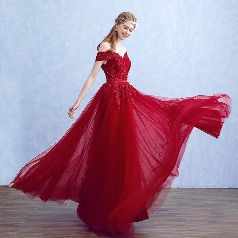 

Vintage Boat neck A-line Long Evening Dress Short Sleeves Beads Lace Tulle Elegant Floor Length Rose red Prom Dresses 2019 New