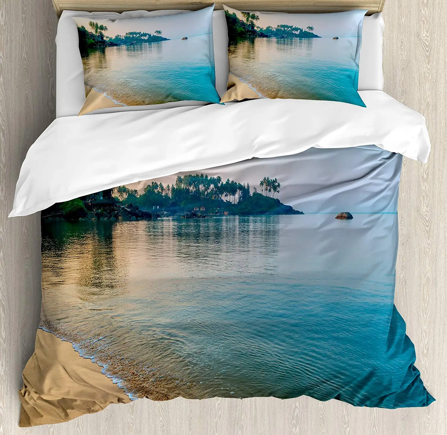 

Ocean Duvet Cover Set Queen Size Morning Sun Rays and Palm Trees on The Edge of Summer Beach Relax Calm Theme Decorative 4 Piece