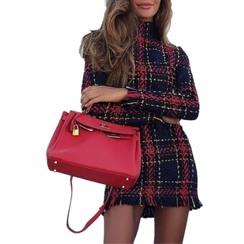 

Women Elegant Vintage Plaid Dress Autumn Winter Long Sleeve Turtleneck Casual Dresses Striped Bodycon Mini Dress Vestidos