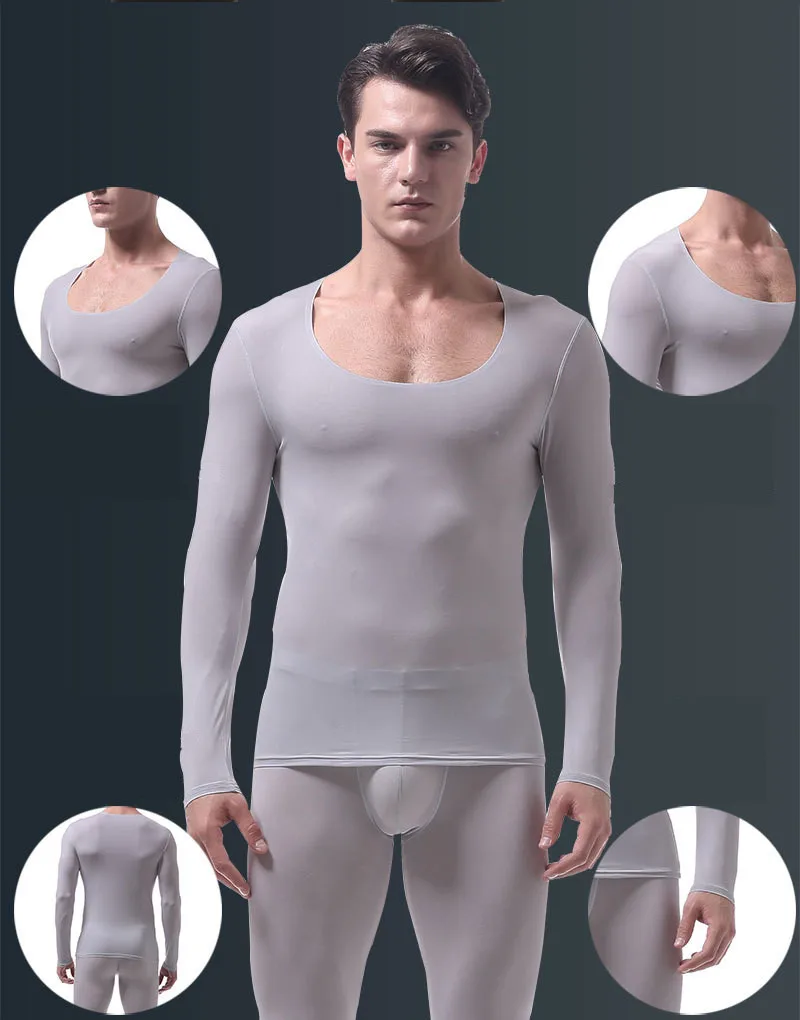 Men's Ultra-thin Ice Silk Underwear Sets Seamless Men's Transparent U Pouch Bag Design Sexy Breathable Long Johns(for A Suits) mens long underwear sets