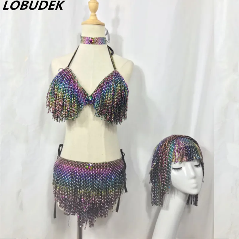 

Tassels female costumes Model Catwalk Stage Outfit Sparkly Rhinestones Bikini dancing DJ singer Dance Clothes nightclub