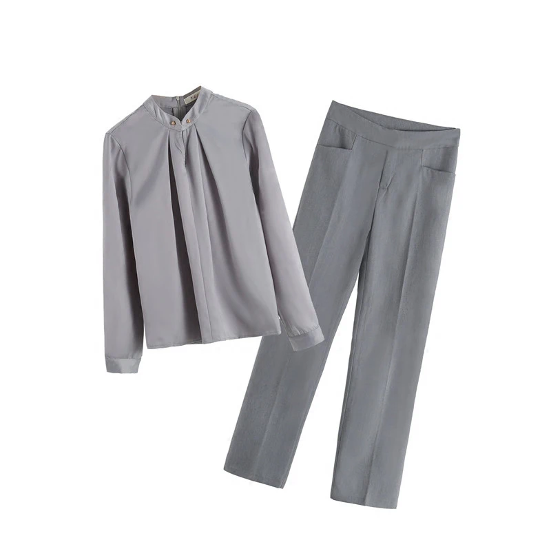 Элегантный комплект из 2 предметов, блуза с длинным рукавом и круглым вырезом, рубашка и брюки-карандаш, Осенний офисный женский костюм, Модный женский комплект - Цвет: gray