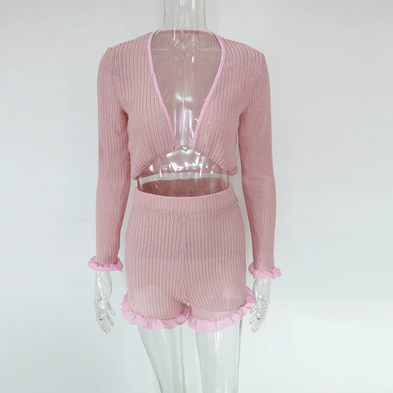 Beyprern, милые розовые шорты с оборками и сетчатой отделкой, комплект из двух предметов, Женский шифоновый топ в стиле бохо и шорты с высокой талией, комплект уличной одежды - Цвет: Розовый
