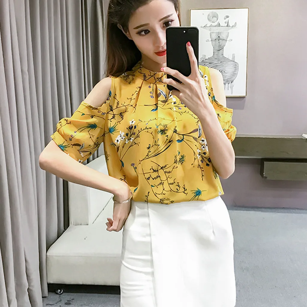 Women Blouse 2019 Summer Women Floral Printing Casual Off Shoulder Chiffon Print shirt Blouse