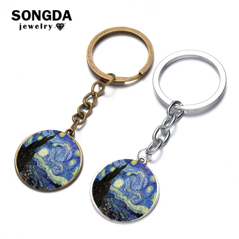 

SONGDA Vintage Famous Starry Night Van Gogh Painting Pendant Key Chain Art Glass Dome Handmade Keychain Jewelry Birthday Gifts
