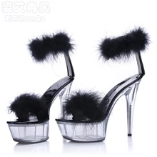 Nightclub Sexy 5 CM Platform Shoes Woman Summer Feather Women Sandals Hook Loop 15 CM High Heels Transparent Crystal Women Pumps