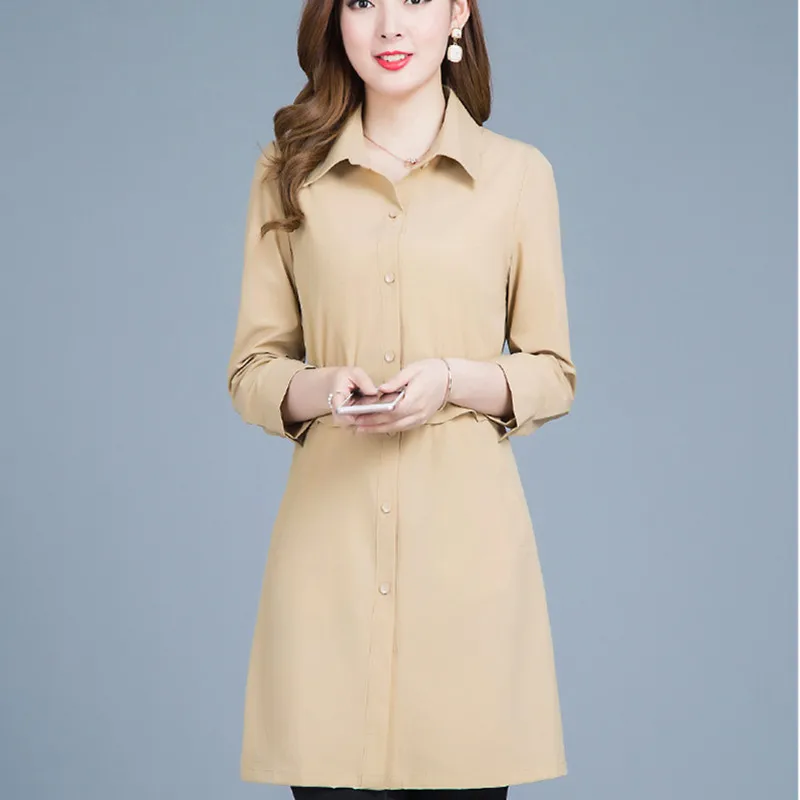 Taille Femmes Printemps Mode A395 Automne Chemise Moyen Manteau khaki Blue Section Coupe Femelle Longue 2018 Yummycook De Mince Vêtements vent mN80nw