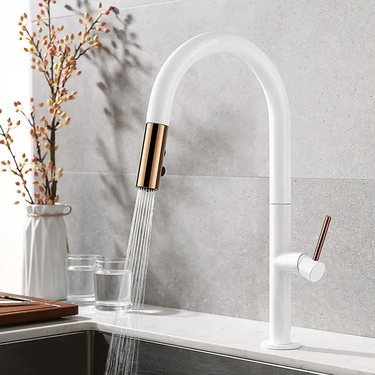 

Fashionable White Rose gold kitchen faucet Pull down cold and hot water faucet Succinct High brass kitchen faucet with spray