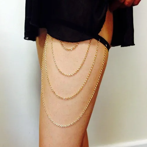 Women Gold Stretchy 3 Tier Leg Thigh Body Alloy Chain Beach Harness Jewellry