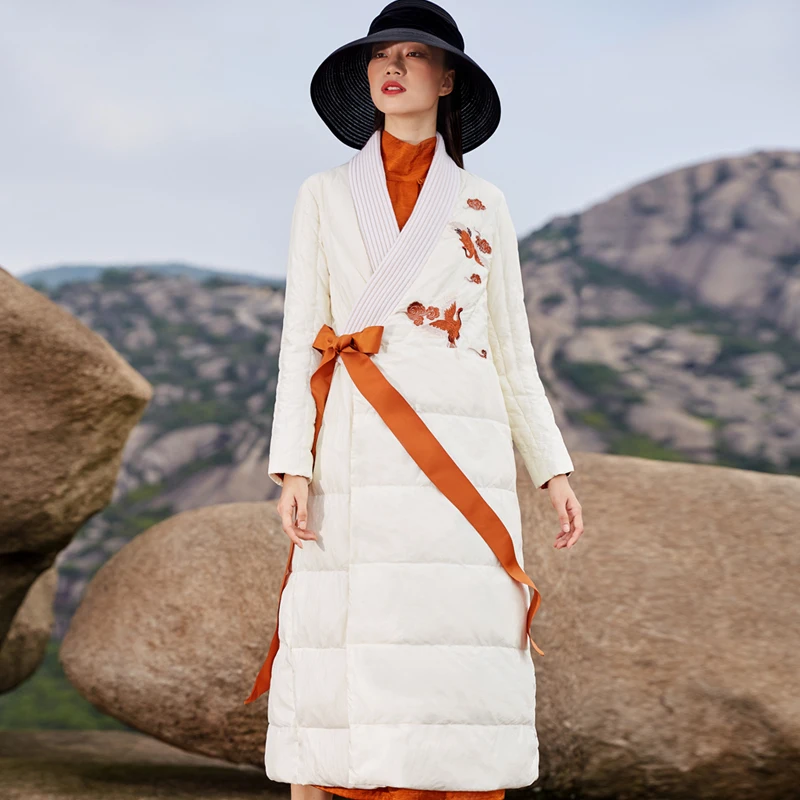 Women's Embroidery Long Down Jackets with Sashes Chinese Style Long