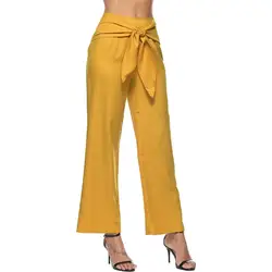 Jlong Для женщин длинные брюки летние штаны для отдыха свободные Высокая талия широкие брюки Solid Bow Tie клеш брюки