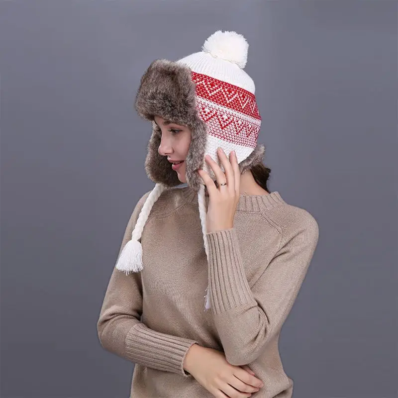 11 Styles Women Winter Thicken Lining Earflap Hat Knitted Contrast Color Snow Ski Beanie Cap Pompom Ball Long Tassels Ear Warmer