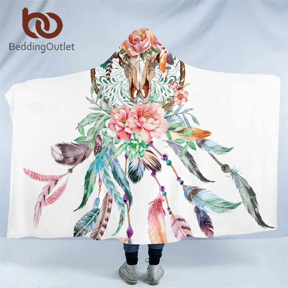 

BeddingOutlet Floral Dreamcatcher Hipster Hooded Blanket for Adults Skull Sherpa Fleece Woman Bohemian Throw Blanket Microfiber