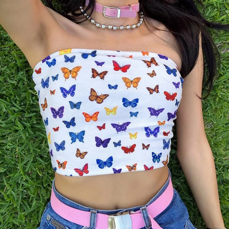 

Sexy Butterfly Print Tops Underwear Short Strapless Top Tank Breasts Summer Cotton Women's Women Navel Wrapped Camisole