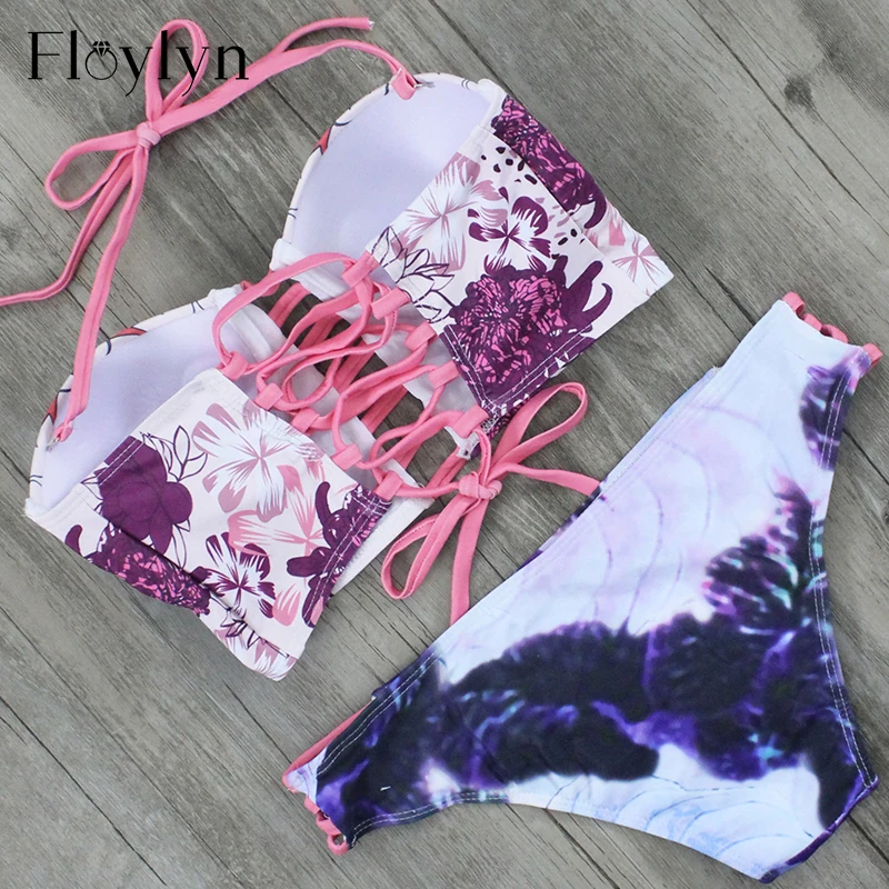 Floylyn Floral Expressionism Maaji Traje De Bano Underwire Sexy Bikini Halter Cut Out Push Up Sexy Women Beach Swimsuit