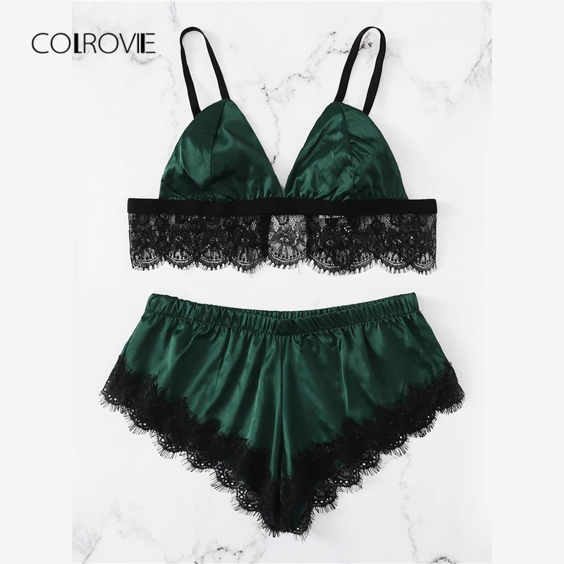 COLROVIE Green Scalloped Trim Contrast Lace Sexy Lingerie Set 2018 Women Wireless Underwear Set Female Satin Elegant Bra Set COLROVIE Green Scalloped Trim Contrast Lace Sexy Lingerie Set 2018 Women Wireless Underwear Set Female Satin Elegant Bra Set