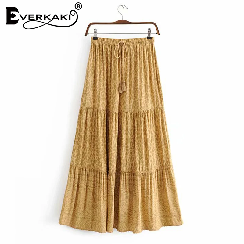 Everkaki, леопардовая юбка макси, для женщин, Boho, хлопок, сексуальные, длинные юбки, для женщин, геометрический узор, богемный стиль, эластичная талия, женская юбка