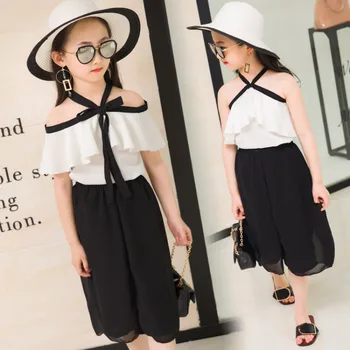 

Summer girls 2 pcs set baby halter blouse + pants kids suit children clothes 2019 chiffon ruched collar lacing 3 to 11 yrs