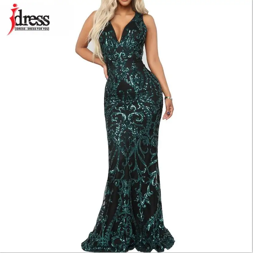 IDress элегантное платье макси Для женщин вечерние сексуальные платья глубокий v-образным вырезом спинки Спагетти ремень Слинг блесток платье Bondycon платья - Цвет: Зеленый