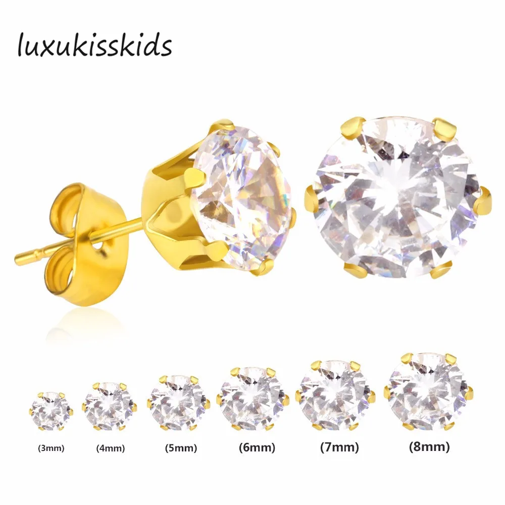 Серьги гвоздики LUXUKISSKIDS из нержавеющей стали с круглыми фианитами 3 10 мм|stud