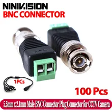 100Pcs Mini Coax CAT5 Male BNC Connector To Camera CCTV BNC Video Balun Connector Adapter