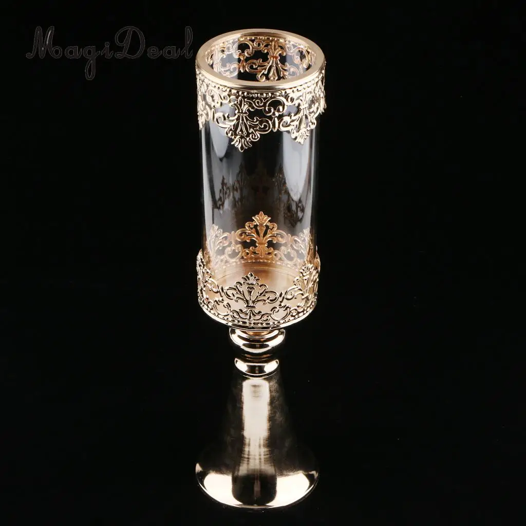 Antique Gold Metal Pedestal Candle Holder with Glass Flower Vase Crystal Draped Pillar Stand Accent Display Ornament Gift