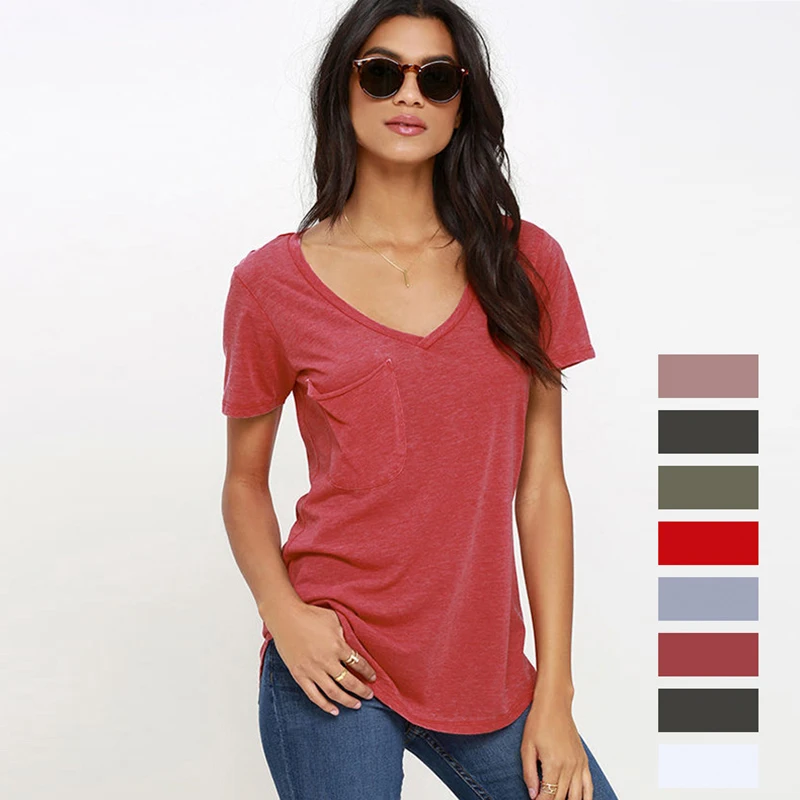 Multi colored T shirts for Women V Neck Loose Casual Solid Spring
