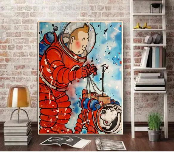 

100% hand drawing graffiti pop brainwash art The Adventures of Tintin oncanvas painting good for bedroom decoration