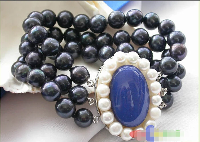 

3row 11mm black ROUND FRESHWATER CULTURED PEARL BRACELET LAPIS p2015 Noble style Natural Fine jewe Fast (D) SHIPPING