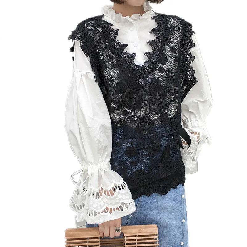 

Korean Fashion Loose Short Female Gilet 2019 New Hollow-out Lace Women's Vest Side Sashes V-neck Waistcoat For Women Veste Femme