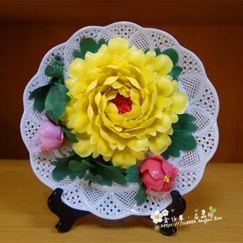 

crafts decor hand wedding cutting dies home 10 inch Yellow Peony ceramic hanging plate, special woven Dehua dish, handmade pinch