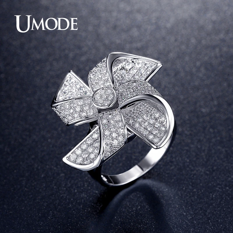 

UMODE Exclusive Rotatable Windmill Designed CZ Paved Rings White Gold Color Jewelry for Women Party Gifts Anel UR0339