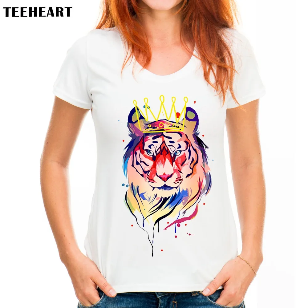Teeheart Для женщин Лето Новинка тигра King Дизайн футболка Винтаж Красочные животных