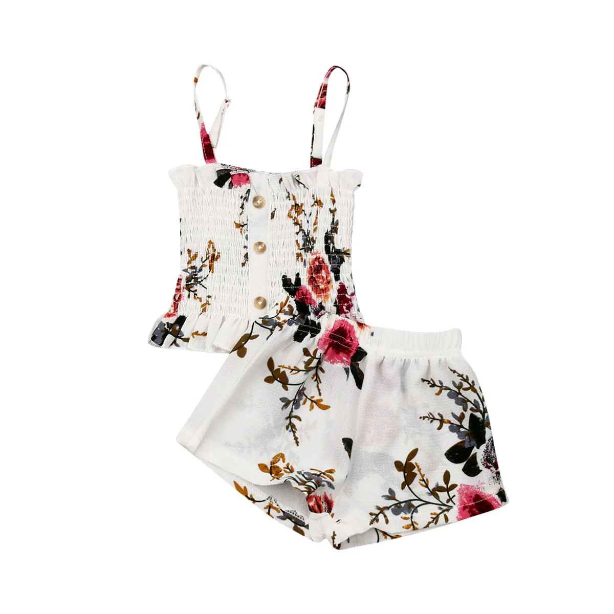 

9M-4T Toddler Baby Girl Clothes Baby Girl Button Off Shoulder Tops Frill Tight Top Girls Flower Shorts Kids Summer Outfit Set