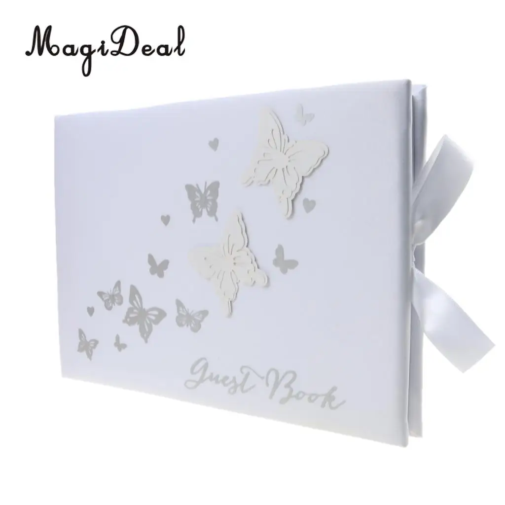 MagiDeal High Quality Wedding Guest Book Butterfly Bowknot White Satin Elegant Ceremony Party Gift for Engagement Party Supplies