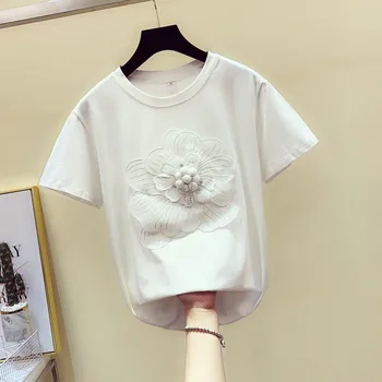 

Summerwhite T-shirt Female Ladies 2019 New Korean Hand-nailed Pearl Three-dimensional Flower Bottom Jacket Short Sleeve Tshirt