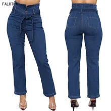 Новинка весны года Горячая Тонкий прямой голубой цвет пояс с высокой талией стрейч джинсы для женщин женские