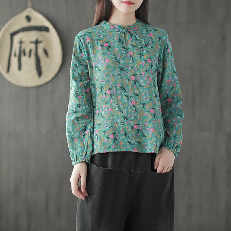 

Johnature Print Floral Shirts For Women Autumn 2019 New Vintage Tops Cotton Linen Blouses Stand Long Sleeve Chinese Shirts