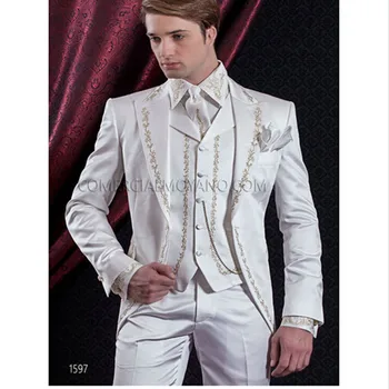 

Custom Made White Mens Suits Embroidery Wedding Suits For Men Groom Tuxedos 3 Piece Bridegroom Suit (jacket+pants+vest)