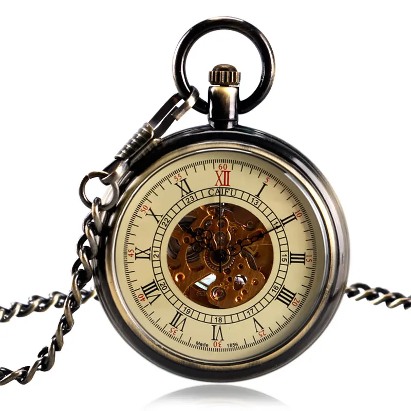 Vintage Bronze Open Face Automatic Mechanical Pocket Watch Roman Numerals Clock Time With 30cm Chain Fob