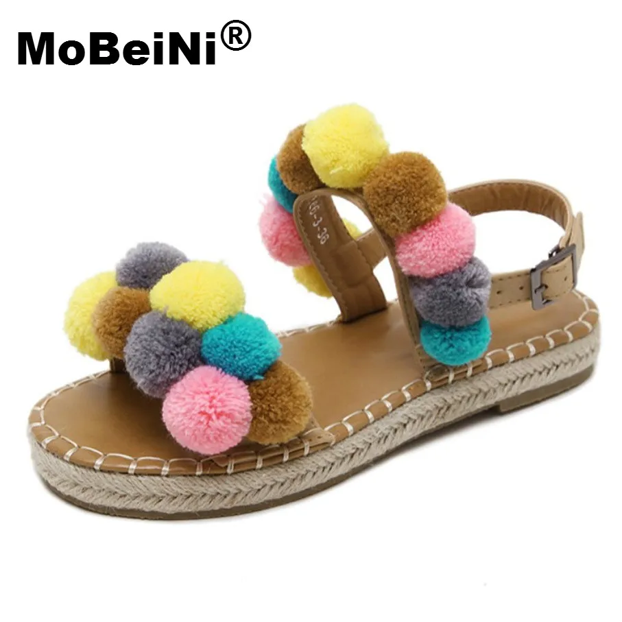 

MoBeiNi 2017 Summer New lady hemp rope casual shoes sweet hair ball flat women sandals brand design beach shoes woman's sandals
