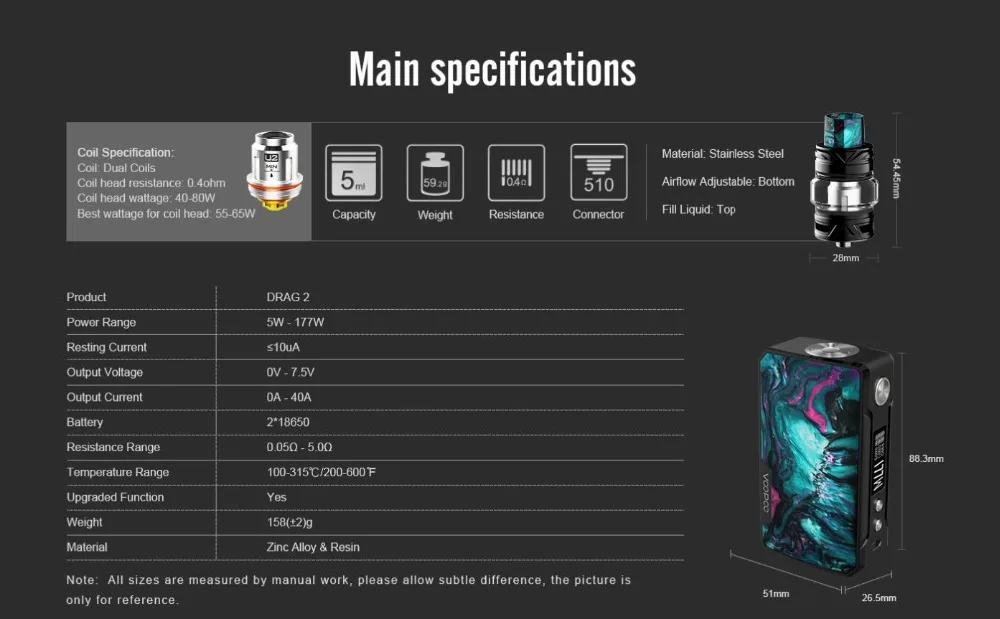 Original VOOPOO Drag 2 Kit with Battery 177w Box Mod Resin Kit Vape E-Cigarettes with UFORCE T2 tank U2 N3 Mesh Coil VS drag Mod