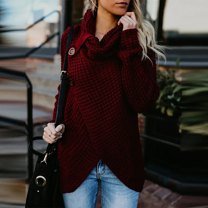 

Women Sweater Solid Color Buttons Irregular Spliced Knitted Pullover Sweater Female Hollow Out Casual Slim Sweater