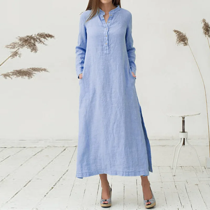 

Summer cotton dress oversize 3xl 4xl 2018 v neck Womens Kaftan Causal loose Long Sleeve Split Plain plus size Long Maxi Dresses