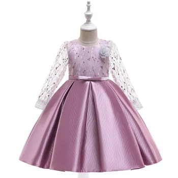 

2020 Lace Flower Voile Long Sleeve Baby Party Dress Summer Ball Gown Bow Dress Kids Dresses Birthday Princess 3-10 Years L5109