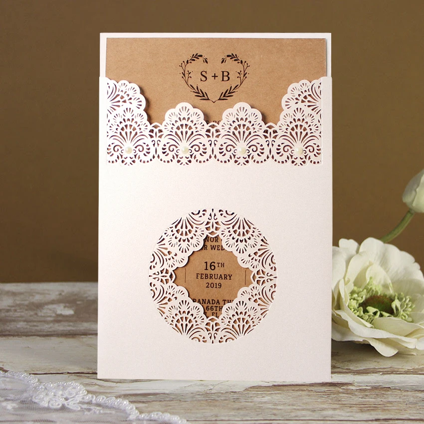  Rustic Wedding Invitations Customized Invitation Card Creative Wedding Invite With Pearl - Set of 5 - 33001243219