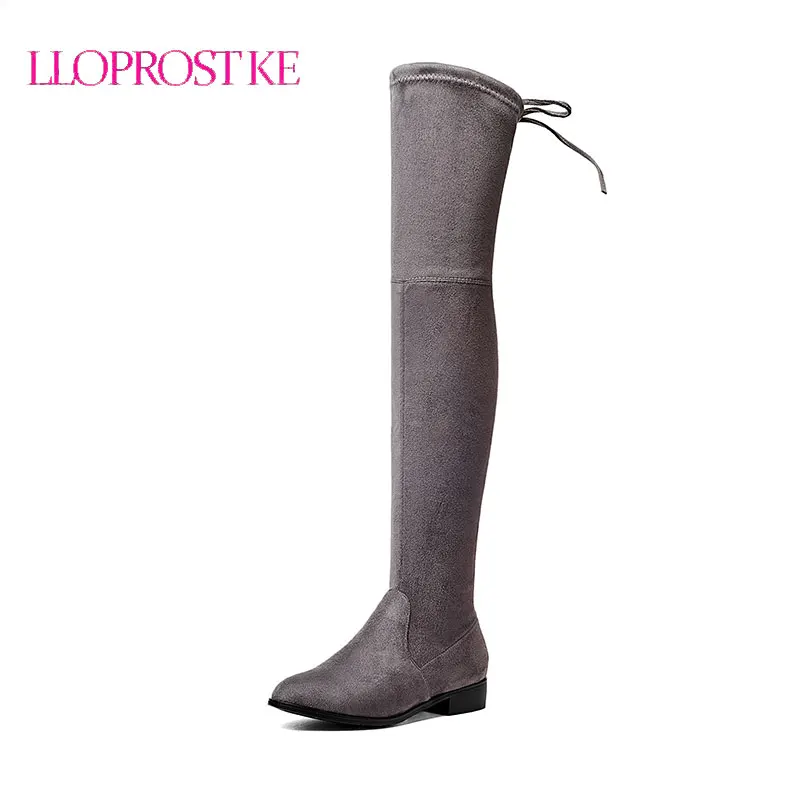 

LLOPROST KE High Boots Fashion Women Over Knee Boots Faux Suede Black Slim Shoes Winter Round Toe Low Heel Botas Big Size LYZ063